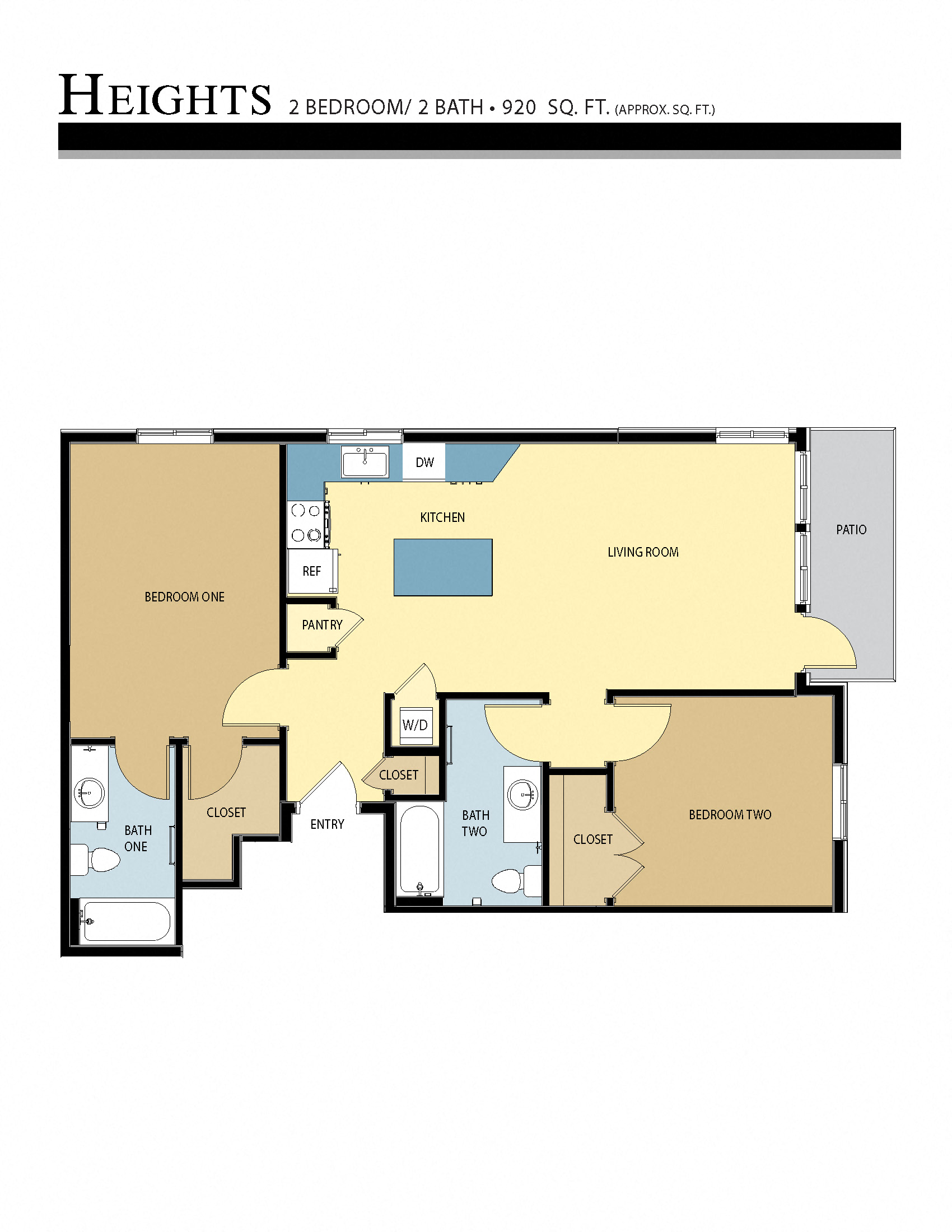 Floor plan for 2 beds, 2 baths, 920 sqft
